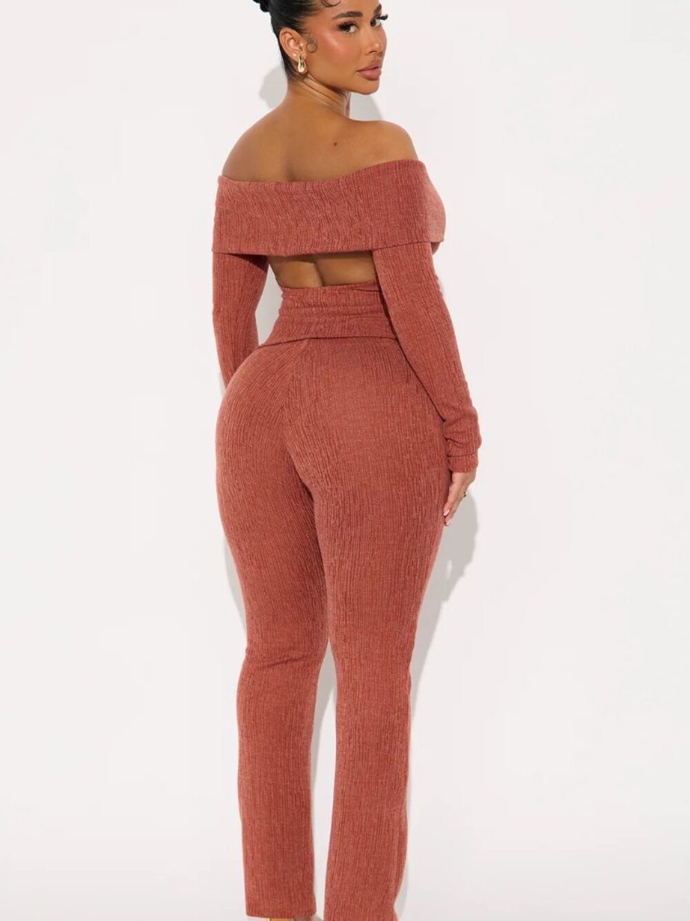 Fashion Nova Rust Off Shoulder Pant Set 2 Piece Wide Leg Stretch Size Large - Picture 4 of 4